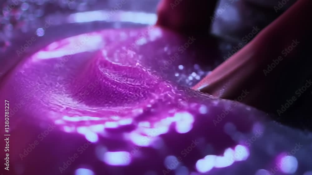 Poster textured liquid blob touched by hands under soft purple lighting generative ai