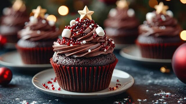 Festive chocolate cupcakes with christmas decorations and lights. Merry Christmas. Happy New Year