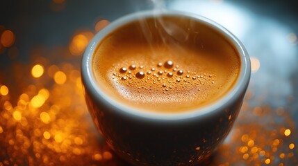 Steaming espresso with swirling coffee particles, minimalist brewing tools in soft focus, capturing the essence of coffee extraction.