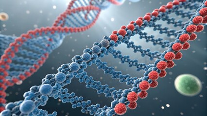 Chemical substance synthetic concept. Detailed 3D microscopic view of polymer chains showcasing intricate structures and connections.