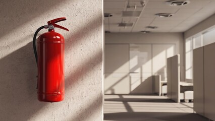 Red fire extinguisher hanging on a wall, ready for use