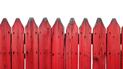 Red wooden fence with pointed tops, weathered texture