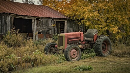 Vintage red tractor stands near old wooden barn surrounded by tall grass. Autumn countryside setting with seasonal vegetation. For farming, countryside life, history, or rustic landscape themes.