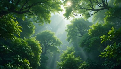 Obraz premium Sun Rays Shining Through Green Forest Canopy Creating Mystical Atmosphere