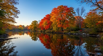 Autumn Trees Reflecting in Calm River at Sunrise AI Generated