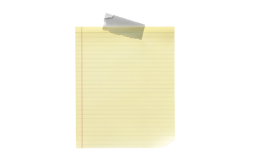 Empty note paper mockup. Message reminder card template isolated on transparent background. Yellow lined paper texture. Grey grunge ripped adhesive washi tape. Business office stationery object