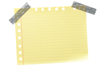 Empty note paper mockup. Message reminder card template isolated on transparent background. Yellow lined paper texture. Grey grunge ripped adhesive washi tape. Business office stationery object