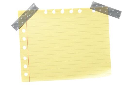 Empty note paper mockup. Message reminder card template isolated on transparent background. Yellow lined paper texture. Grey grunge ripped adhesive washi tape. Business office stationery object