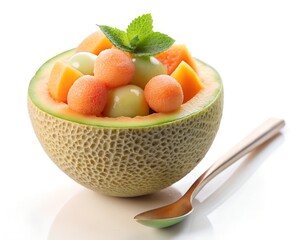 Hand holding melon baller, scooping melon balls out of cantaloupe