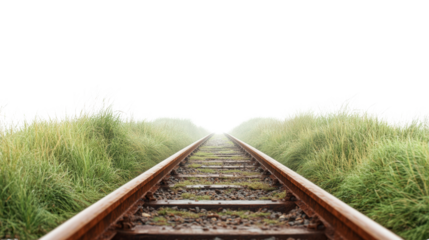 Railway tracks stretch into distance, surrounded by lush green grass