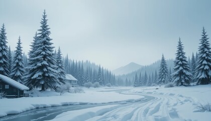 Obraz premium Winter wonderland adventure snowy landscape exploration in a serene forest by a tranquil river capturing the beauty of nature in a chilly environment