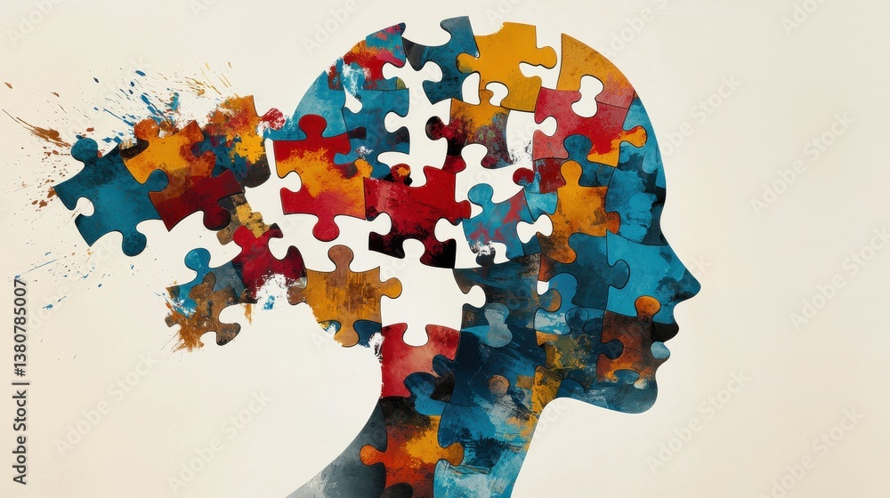 Poster colorful puzzle head representing creative imagination and thinking process solving problems and fin