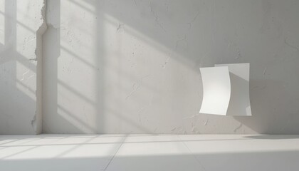 Floating paper in sunlit room minimalist interior design contemporary art calm environment artistic viewpoint abstract concept for creative inspiration