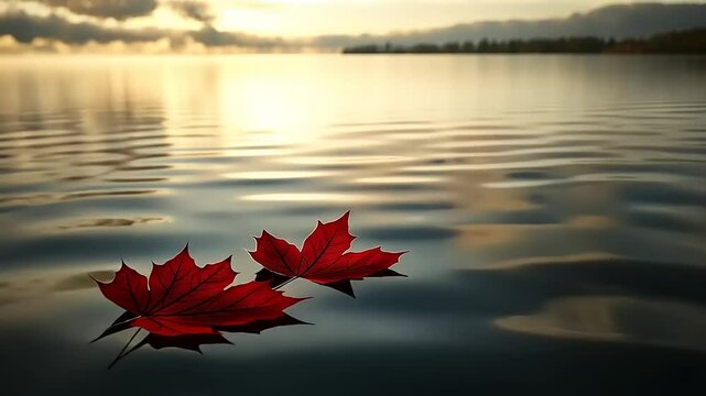 Tranquil autumn scene with red maple leaves floating on calm water, reflecting a serene sunset