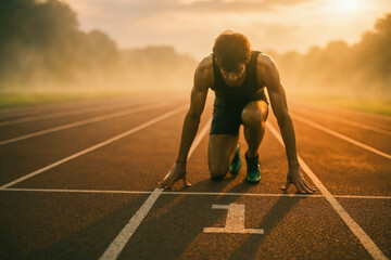 Athlete in starting position on track at sunrise, ready for a race. Focused and determined with misty background.