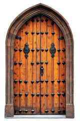 ornate wooden door with metal accents and arched stone frame
