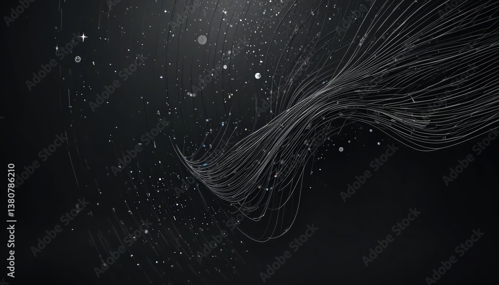 Poster dynamic flowing particles creating ethereal patterns digital space abstract art dark environment hig