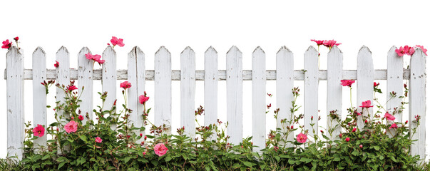 White picket fence with pink flowers and green leaves