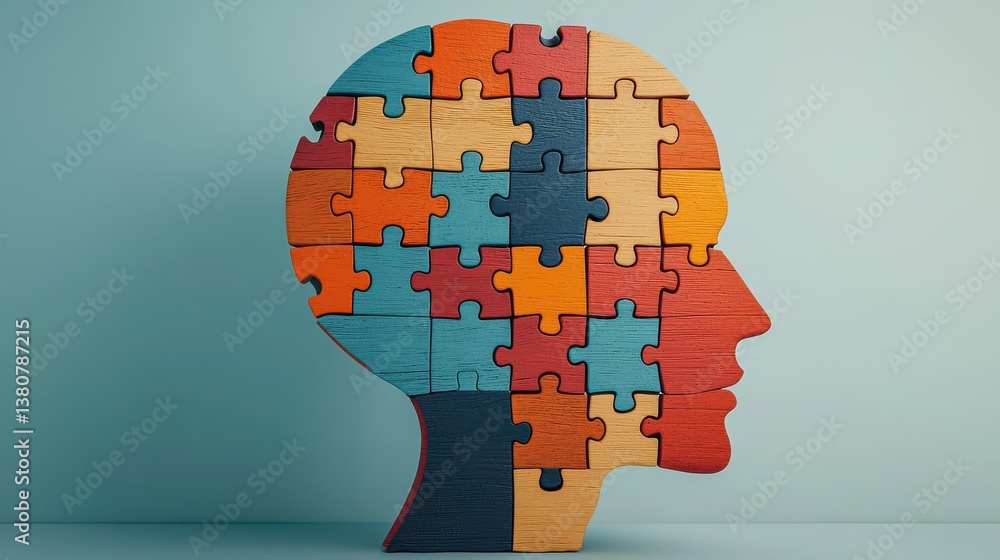 Poster conceptual image of a human head profile made up of colorful puzzle pieces symbolizing the complexit