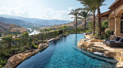 Fototapeta premium Scenic Poolside View Overlooking Mountains and River in Daylight