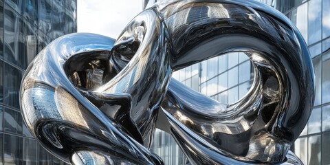 Monumental abstract sculpture-building hybrid with metallic reflections