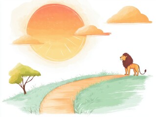 Naklejka premium A colorful illustration featuring a lion on a grassy path under a large sun and fluffy clouds, evoking a serene landscape.