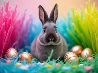 A Holland Lop rabbit with floppy ears sitting among a field of vibrant multicolored tulips