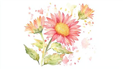 A vibrant watercolor painting of pink flowers with green leaves, surrounded by colorful splashes that evoke a fresh and lively atmosphere.