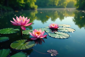 Water lilies create a floral pattern on a still lake surface, design, texture