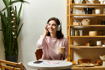 Young woman sips coffee and listens to music in a chic morning cafe