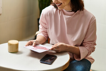 Charming young woman enjoys coffee while exploring new menu at contemporary cafe