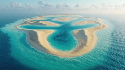Aerial view of a unique tropical island, lagoons, and clear turquoise water