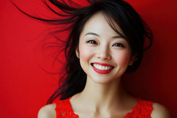 Studio portrait of beautiful smiling CHINESE woman in RED dress on RED solid background