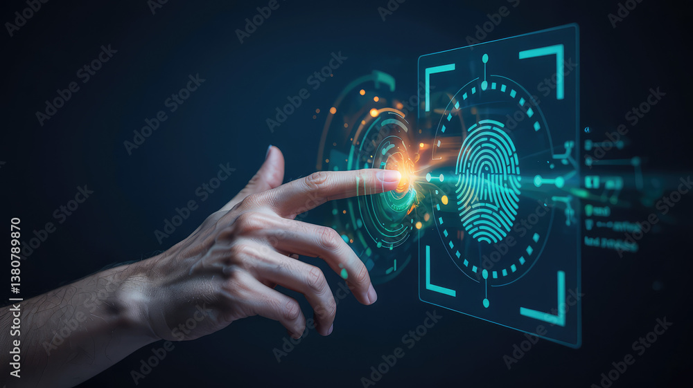 Poster fingerprint scanning: a hand interacts with a futuristic digital interface, highlighting a fingerpri