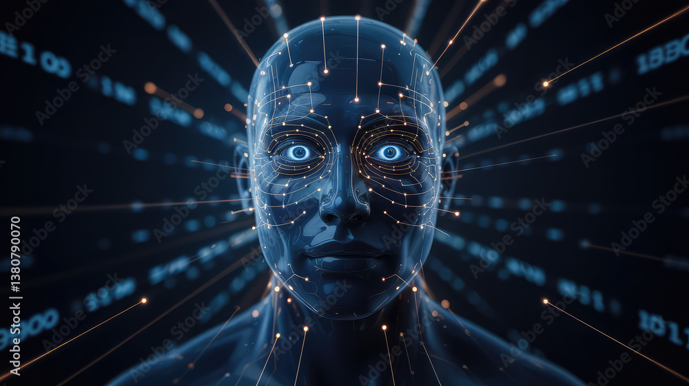 Poster digital sentinel: a cybernetic visage, its luminous eyes piercing through a network of binary code, 