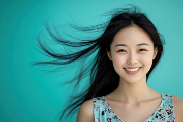 Studio portrait of beautiful smiling CHINESE woman in BLUE dress on BLUE GREEN solid background
