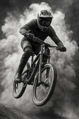 Obraz premium Monochrome image of a cyclist in mid-air on a mountain bike, with dust clouds behind, highlighting action and adventure sports.