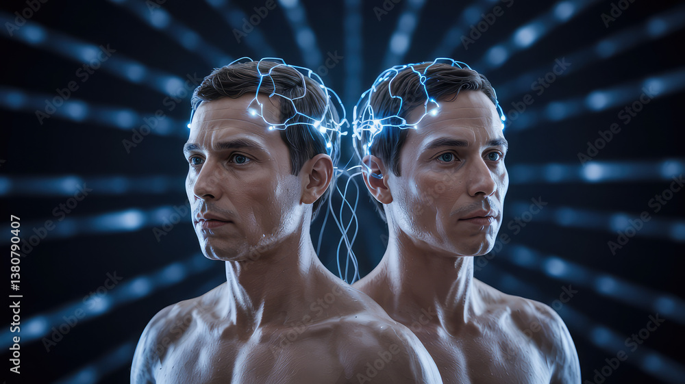 Poster dual minds: two individuals share a mirrored connection, their brains illuminated by glowing neural 