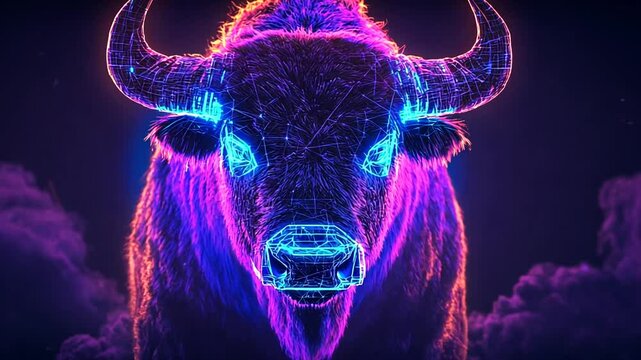 Futuristic digital buffalo head artwork with neon glow against dark backdrop