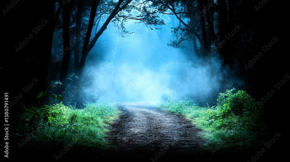 Poster Mysterious path through a dark forest, illuminated by a soft blue light, with fog and glowing particles.