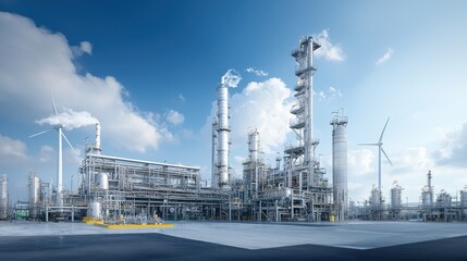 Obraz premium Expansive industrial oil refinery facility with numerous pipelines storage tanks smokestacks and tall towers set against a backdrop of wind turbines and an urban cityscape