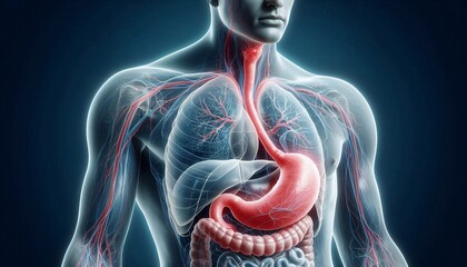 Medical illustration of stomach. Anatomical visualization, medical concept of digestive system. Human internal organs, anatomy, healthcare illustration, medical infographic. Stomach cancer. Close up