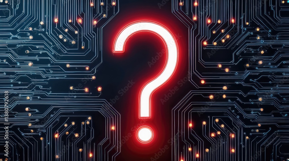 Fototapete digital question mark abstract technology background futuristic neon glowing lines circuit board dat