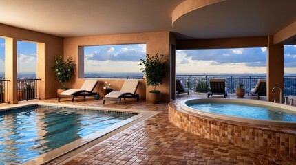 Fototapeta premium Home spa with indoor pool, freestanding bathtub and terrace