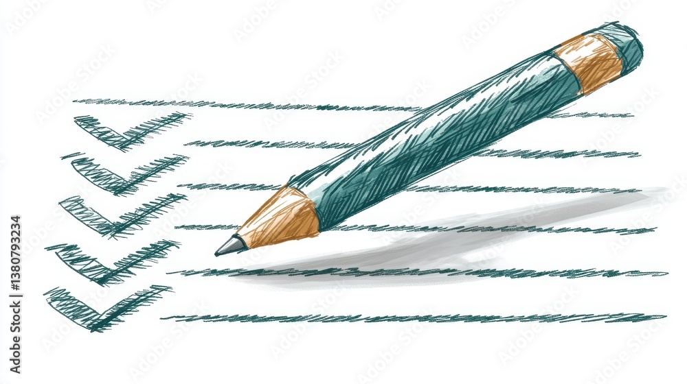 Poster pencil with checkmarks on paper illustrating task completion concept