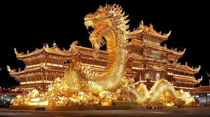 Fototapeta premium Magnificent Golden Dragon Encircling Illuminated Chinese Pagoda at Night