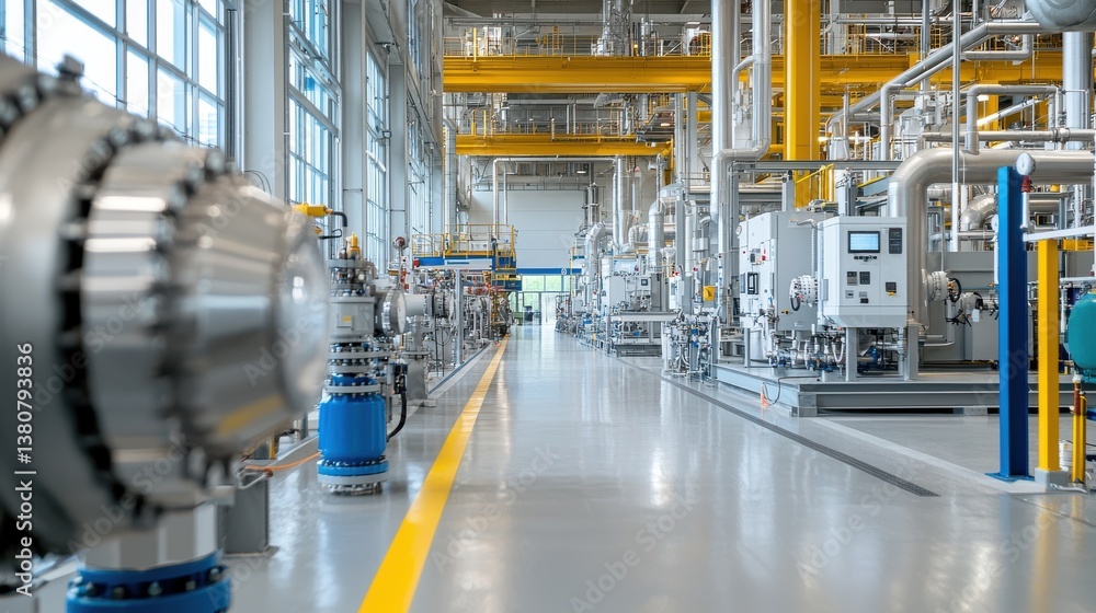 Poster interior of a large state of the art industrial factory with rows of advanced other equipment for ef