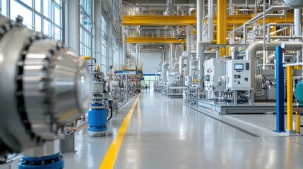 Interior of a large state of the art industrial factory with rows of advanced other equipment for efficient production and processing