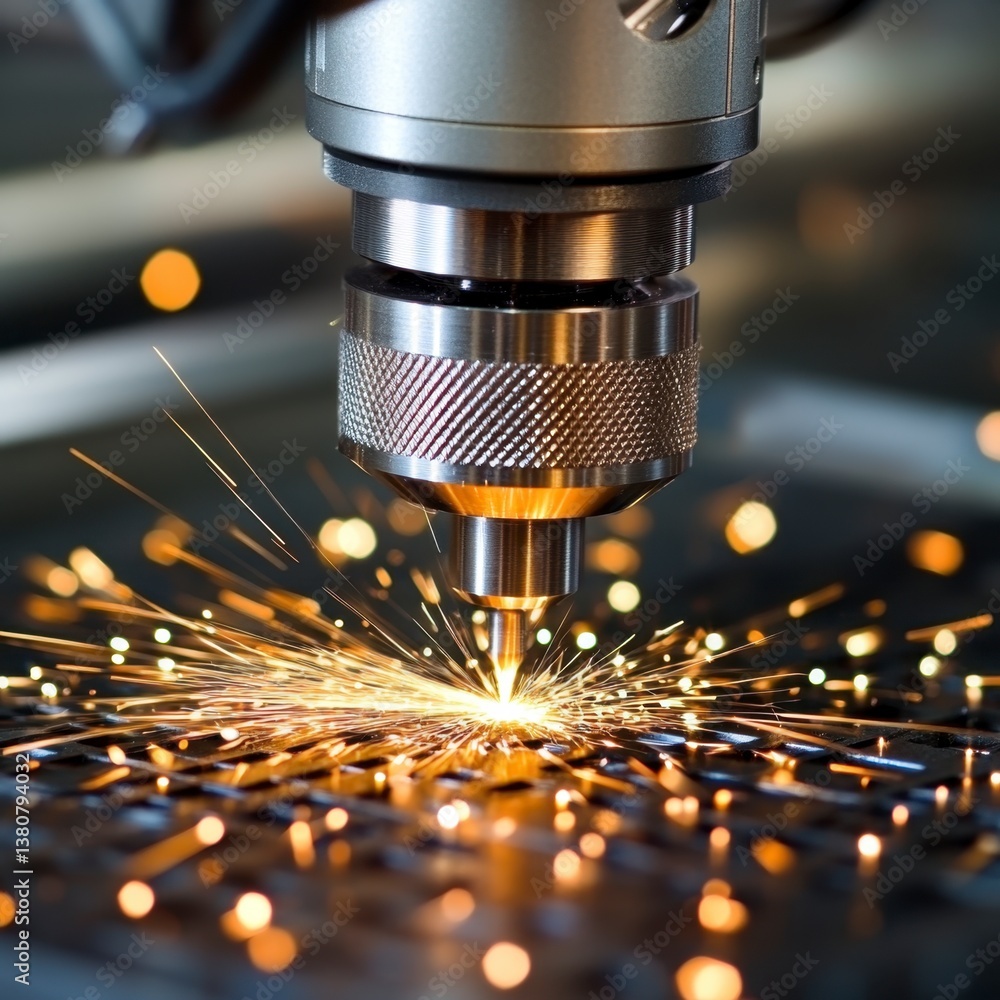 Poster close up view of a metal cutting process, sparks flying from the interaction of a precision tool and