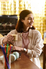Delightful moments shared in a modern cafe with a smiling young woman enjoying her drink